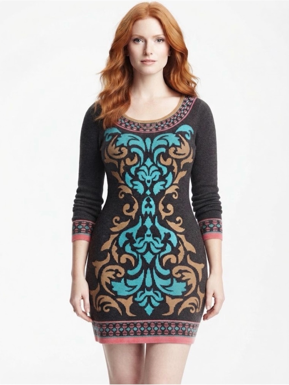 Flying Tomato Charcoal Sweater Dress with Turquoise & Tan Motif
